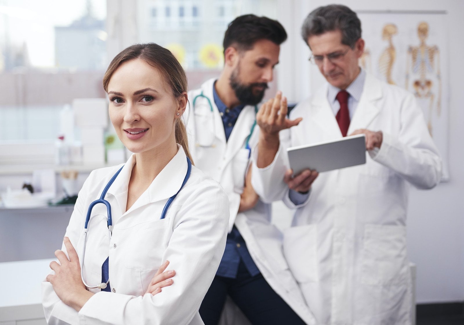 Consultations with doctors and portrait of female doctor